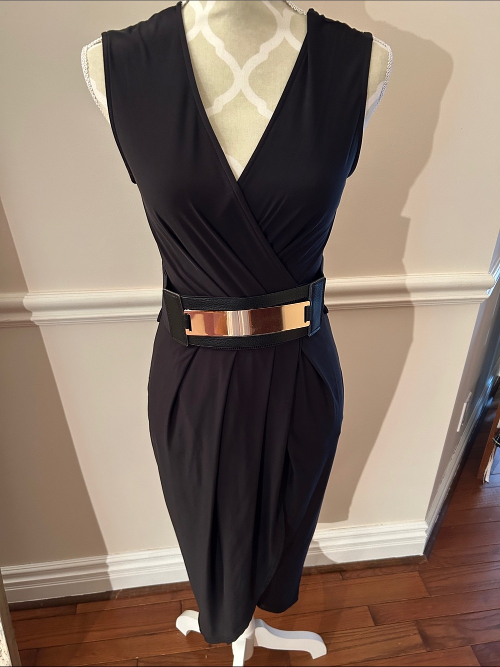 Super Flattering Black Sleeveless Faux-Wrap Midi Dress(M) with Gold Accent Belt